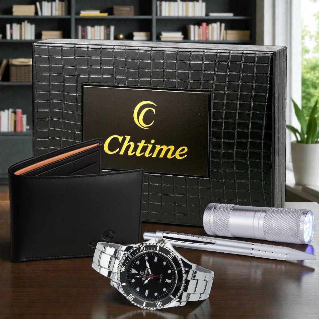 BELLOS Coffret Cadeau Montre Homme Noir - Lampe LED - Portefeuille -Stylo