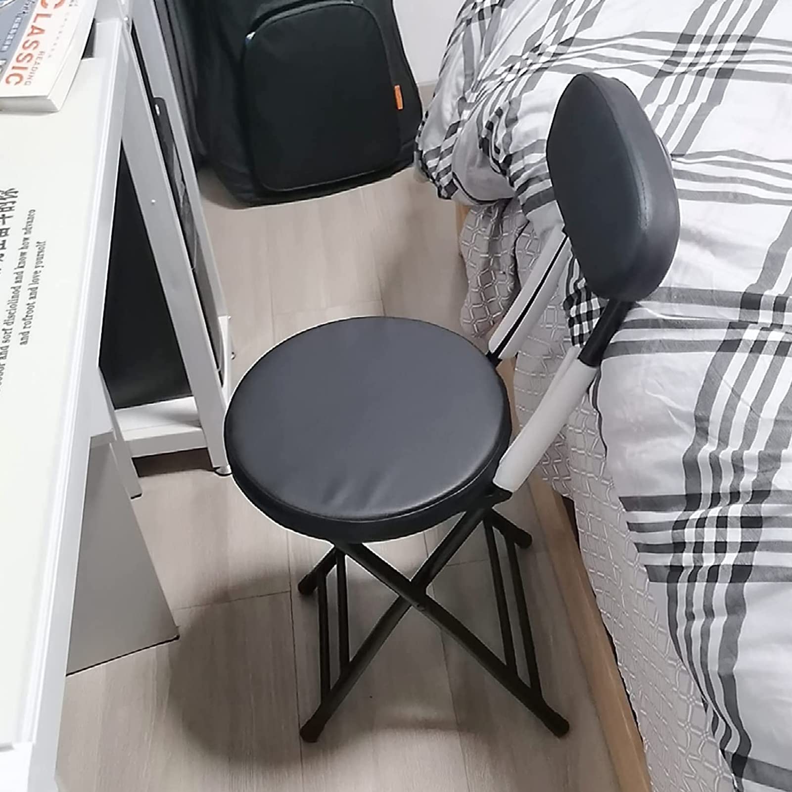 Tabouret Pliant en PU avec Dossier, Tabouret Rond Pliable et Rembourré, Chaise de Cuisine Portable et Pliable pour Le Bureau, La Table à Langer (Color : Black)