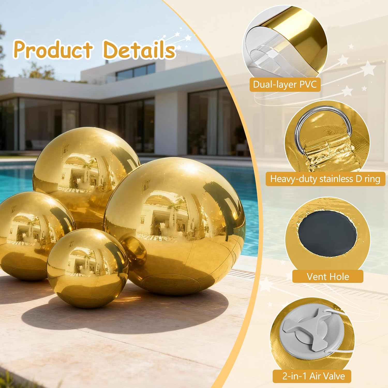 Gold Inflatable Mirror Ball 4pcs - Reusable Holiday Outdoor Balls Include Electric Pump, Reflective Hanging Big Mirror Ball Decor Bubble for Large Event Decoration, Party, Wedding