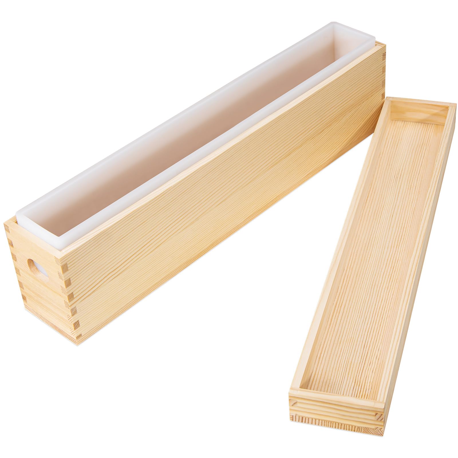 Moules à savon en silicone avec caisse en bois et couvercle, moules à savon rectangulaires pour la fabrication de savon (2,2 l, longs et étroits)