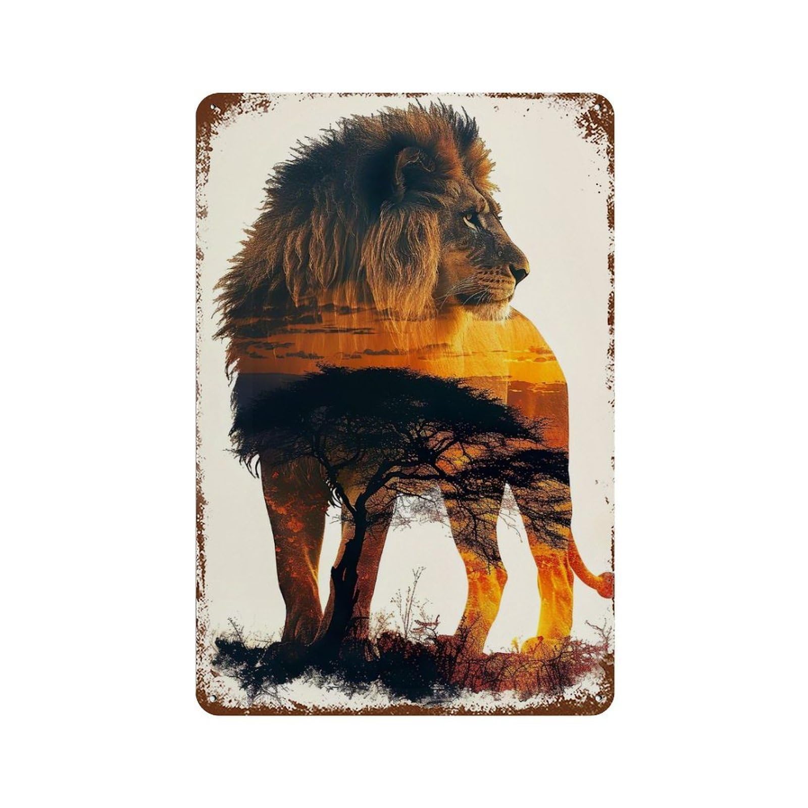 Garage Style Lion Aged Metal Wall Plaque 11.8"x7.9", Old School Wall Decor for Bar And Workshop