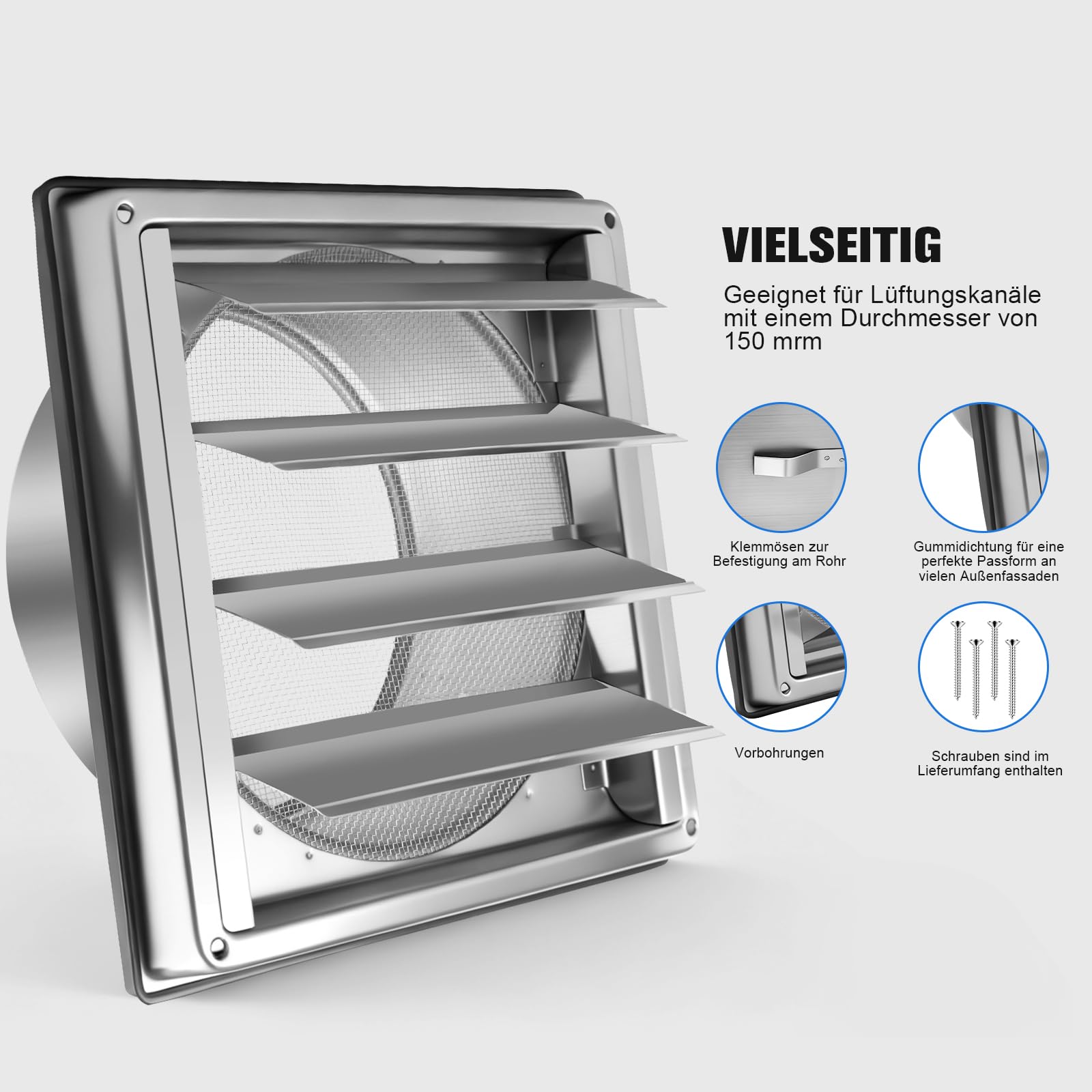 Edelstahl Lüftungsgitter 304, 150mm Rechteckig Bewegliche Lüftungsklappe, Außen Lüftungskappe mit Insektenschutz & Wetterschutz, Abluftgitter für Wand/Badezimmer/Garage/Wohnmobile/Kamin, Lüftungsrohr