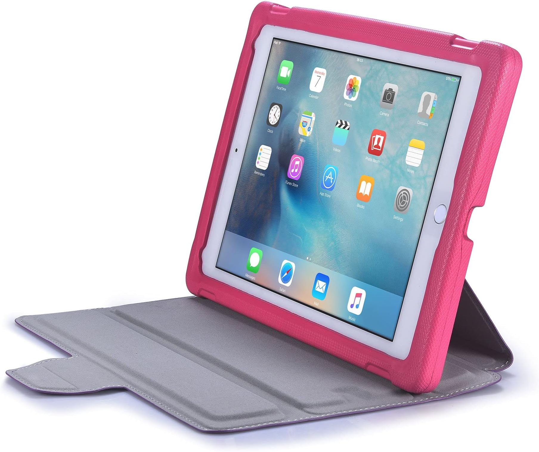 iPad 6 Case for Kids, iPad 5, iPad Pro 9.7, iPad Air 1, iPad Air 2 [Kid Friendly Case w/ Screen Cover] Bam Bino Box Shock Proof iPad Kids Case for Girls | Stand, Handle, Screen Protector [Pink/Purple]
