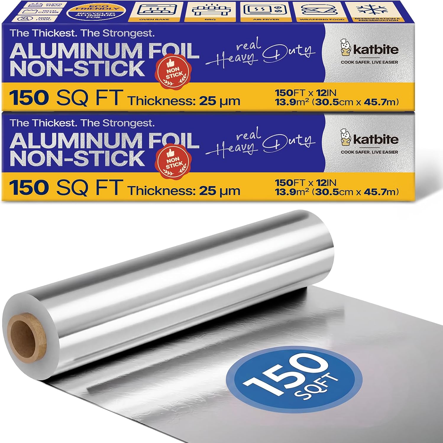 Katbite Non-Stick Aluminum Foil, 25 Micron, 12in x 150ft, 150sqft, 2 Pack