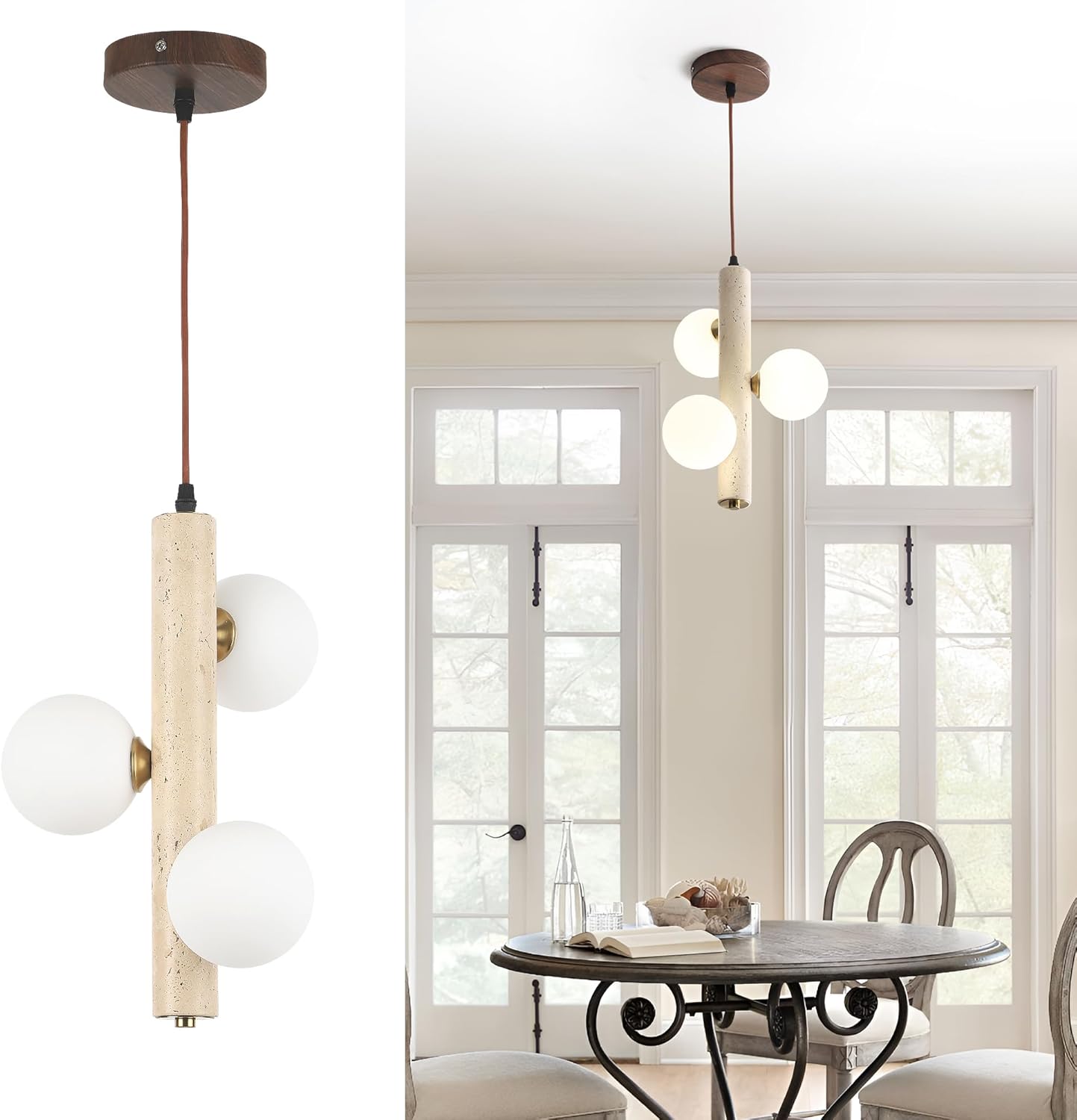 3-Lights Natural Travertine Stone Pendant Light 9.48in Small Wabi Sabi Japandi Japanese Nordic Hanging Lamp Pendant Lighting Fixture for Dining Room Bedroom Corner 1 Pack (Bulb Included)