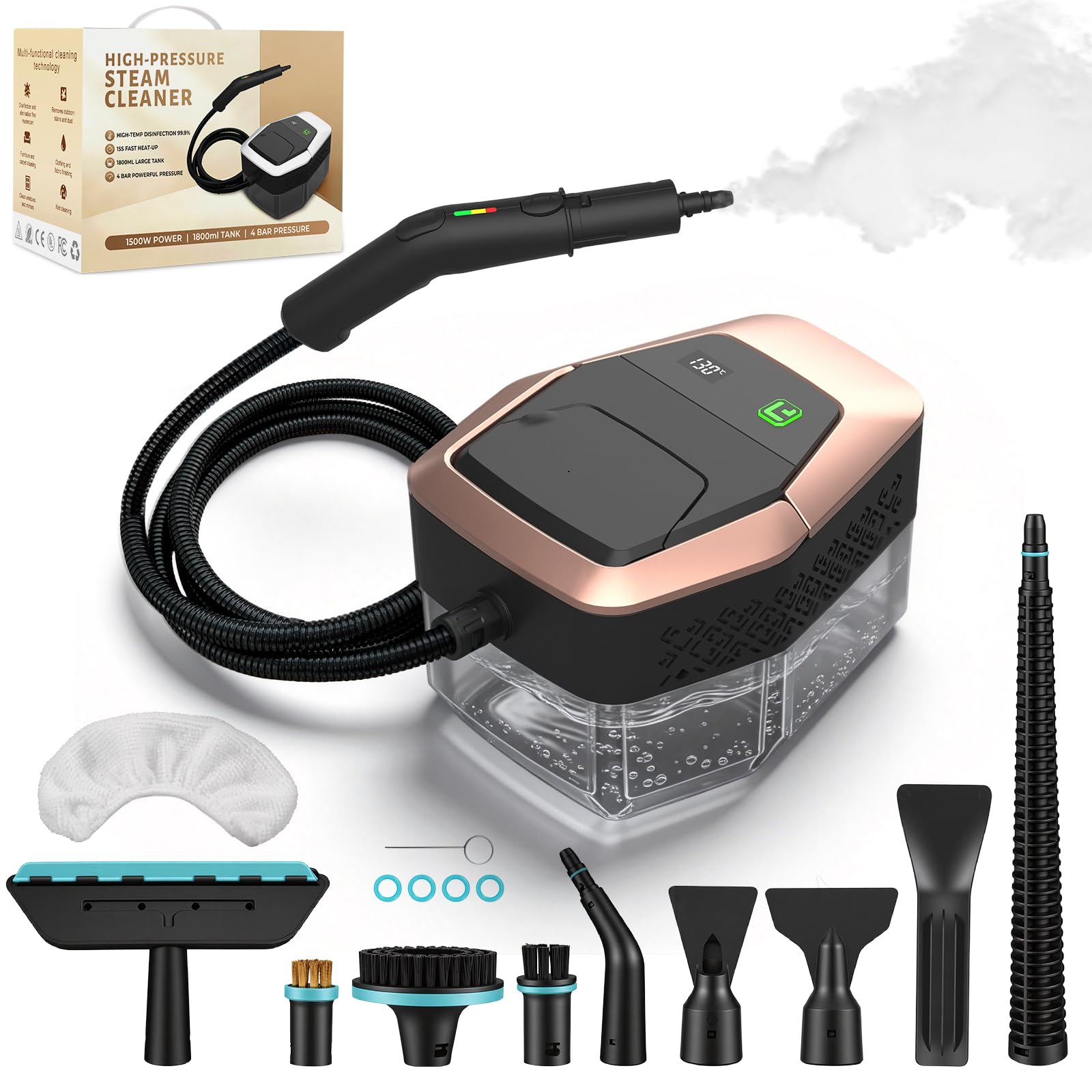 Steam Cleaner,Handheld Steam Cleaner 1500W Low Pressure, 15s Fast Heating, 1.8L Water Tank, with 12 Accessories for Home, Kitchen & Car Cleaning,Rose Gold（Hold 3s to start）