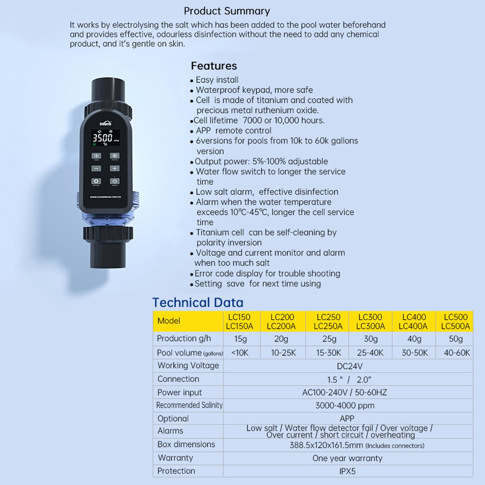 Clorador Salino para Piscinas, Generador de Cloro Salino con Control App Inteligente, Sixs Alarmas, Autolimpieza, Ajuste de Salida del 5-100%, para Piscinas de hasta 60.000 GAL,15g/h
