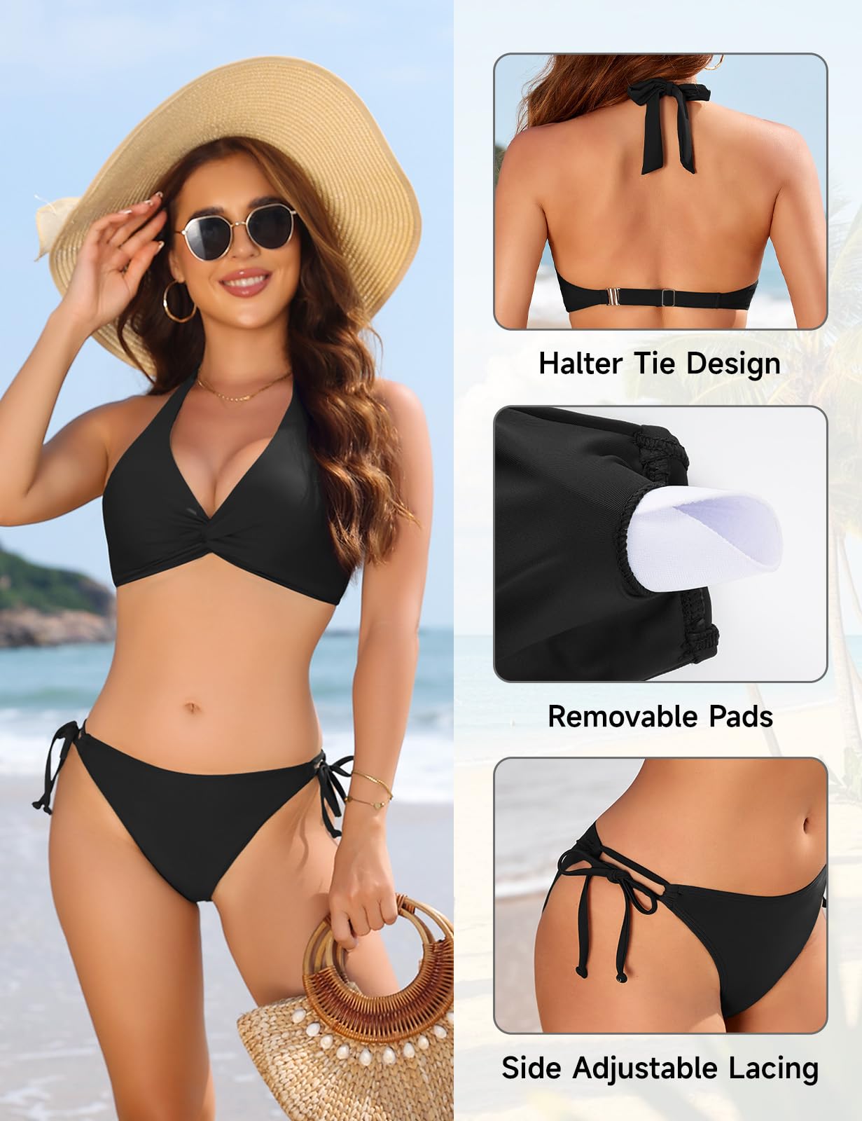 Nadeer Bikini Damen Set Push Up Bademode Zweiteiliger Sexy Knot V Ausschnitt Neckholder Low Waist mit Schnürung Badeanzug Swimsuit Sport