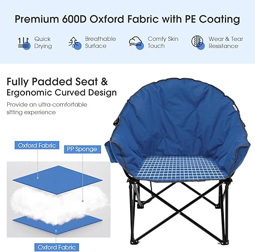 Miniatura 5 de Tangkula Silla de camping de gran tamaño, silla plegable acolchada al aire libre con soporte para tazas, silla de club con platillo redondo de luna,