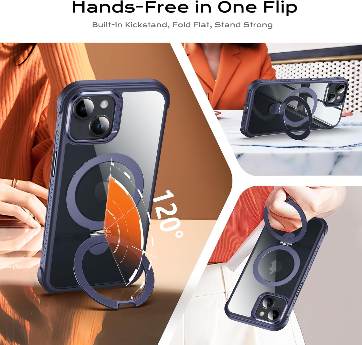 Anqrp O-Ring Magnetic Kickstand Clear Case for iPhone 14/13, Compatible with Mag-Safe, Military-Grade Reinforced 4-Corners Anti-Yellowing Transparent Phone Case Cover for iPhone 13/14, Blue - Image 2