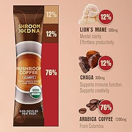 ShroomDNA Mushroom Coffee Blend with Chaga & Lion\'s Mane | Instant Focus + Clarity All Day | Organic + Vegan + Gluten Free | No Added Sugar | 20 Count
