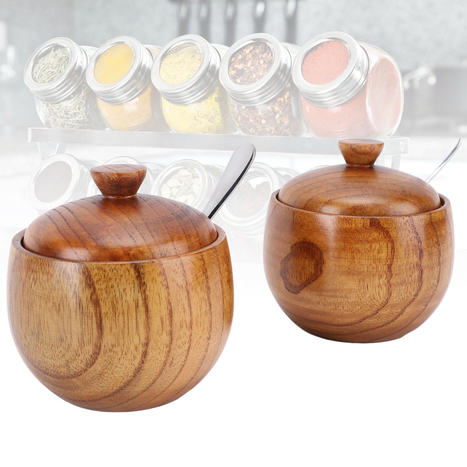 Nikou Frasco multifuncional de Wood Salt Bowl con cuchara de tapa para azúcar y especias 2 piezas