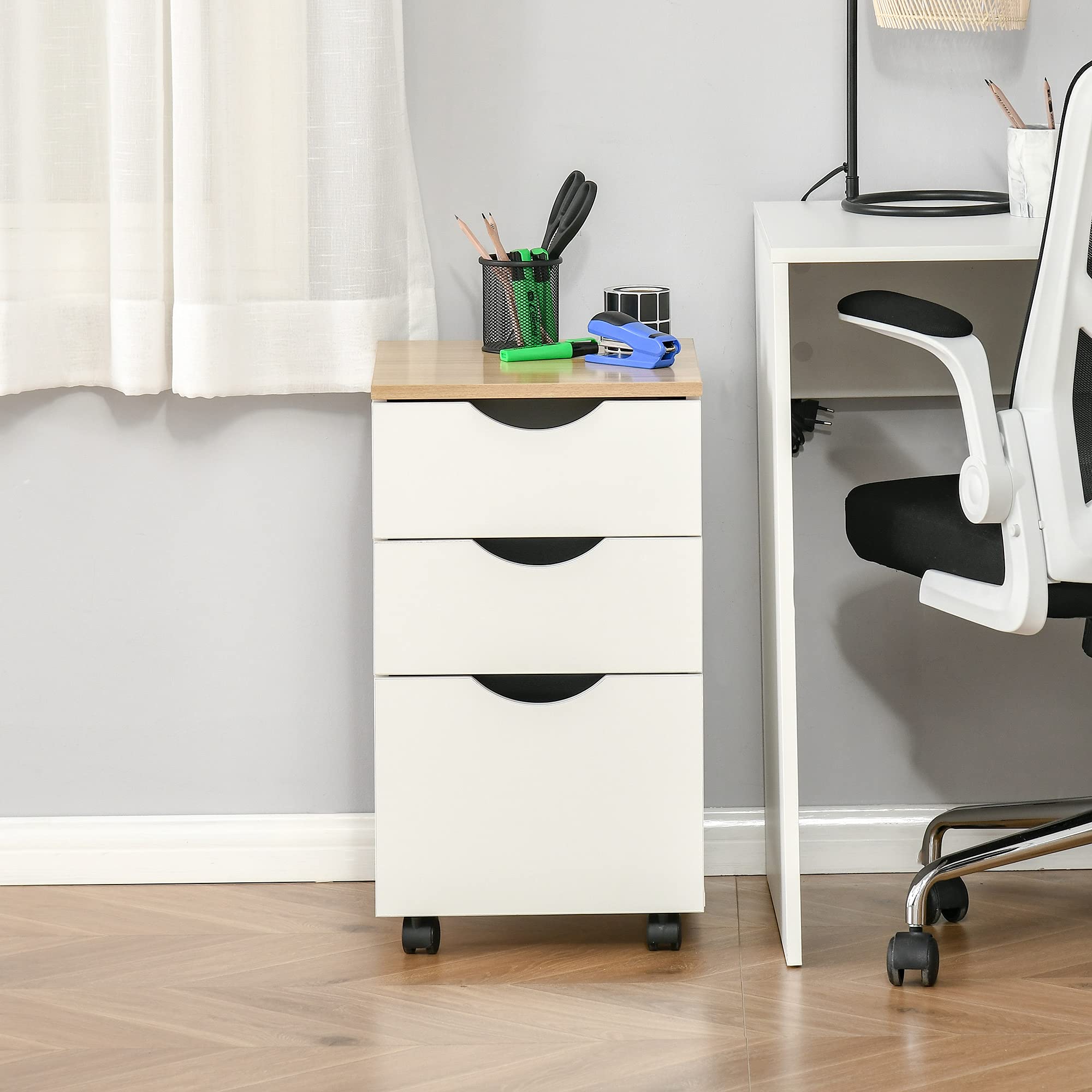 HOMCOM Caisson de Bureau, Rangement Bureau sur roulettes avec 3 tiroirs coulissants, 34 x 40 x 60,5 cm, Blanc et Effet Bois Naturel