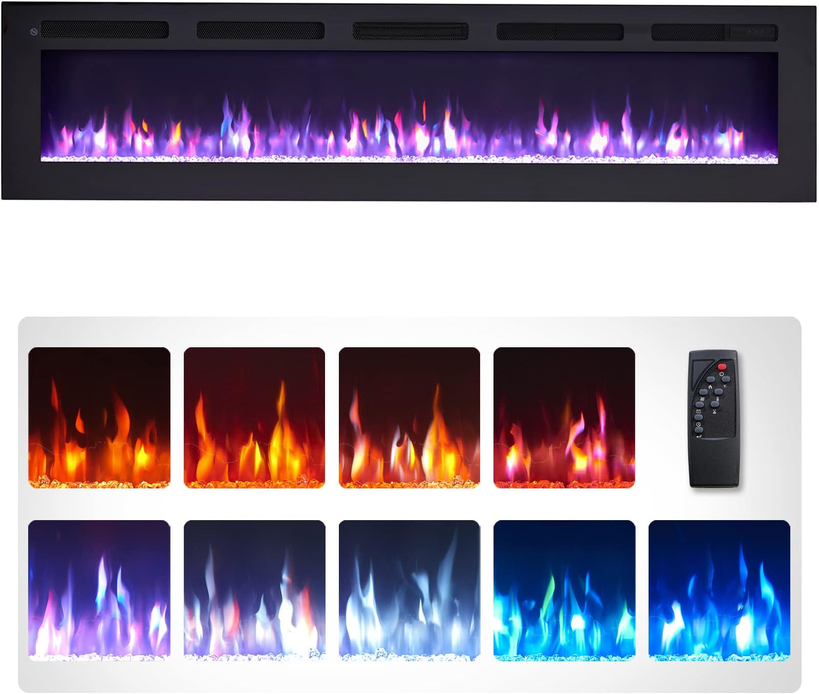 Wilton 70"/178cm Electric Fireplace, Wall Mounted, Recessed, Logs & Crystals Included, 9 Colour Flame Effect, Media Wall Compatible, 900W - 1800W Heater, Remote