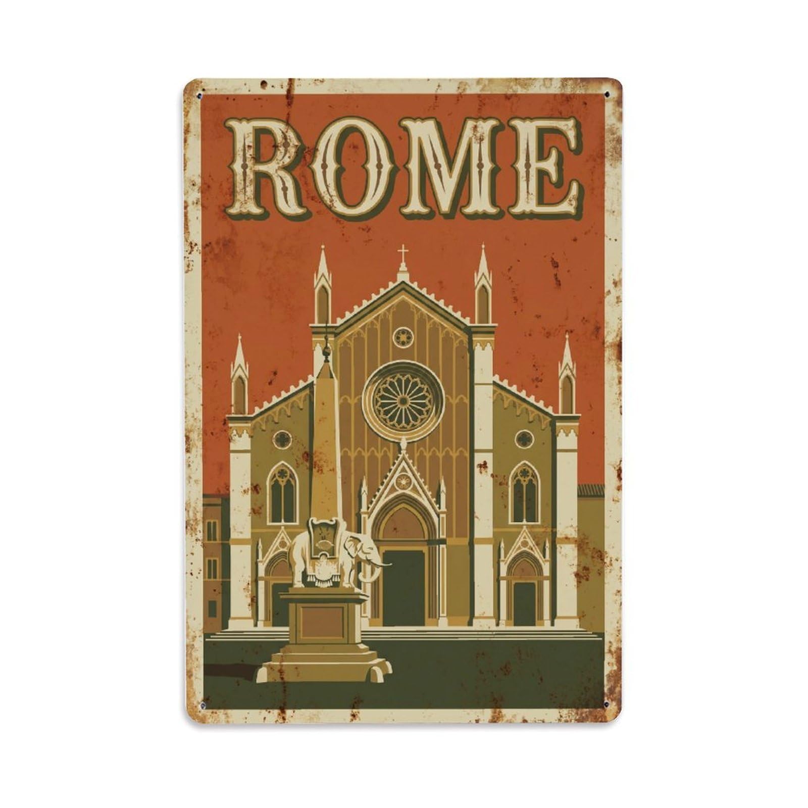 Vintage Travel Rome Basilica Santa Maria Sopra Minerva Gothic Church Rusted Italy Metal Tin Sign Plaque Wall Decor for Cafe, Club Bar, Office, Home Garden Metal Poster 8x12Inch