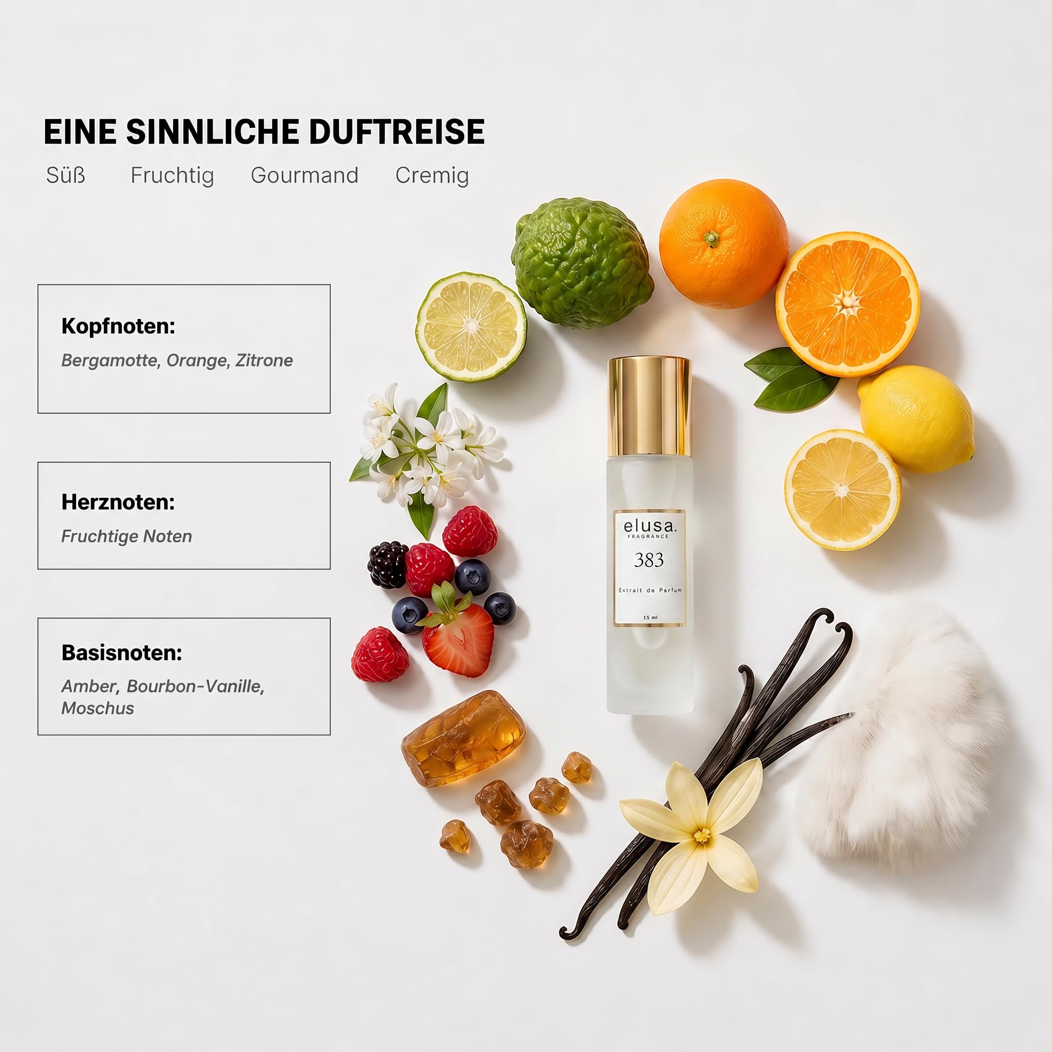 Elusa Fragrance 383 Extrait de Parfum 15ml – Unisex Parfum Damen Herren – Frischer Zitrus Duft mit Bergamotte, Orange & Vanille – Fruchtig Süß & Langanhaltend