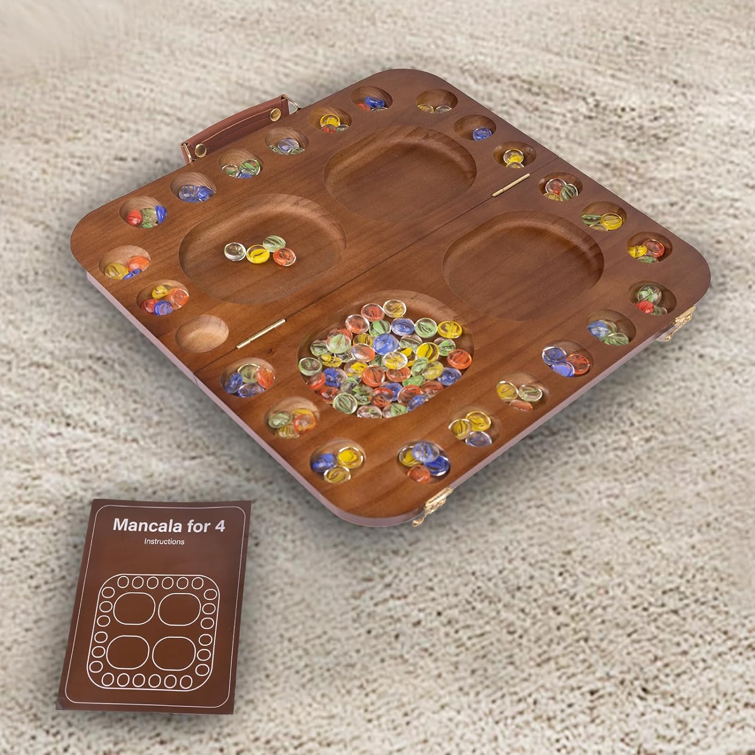 4 Player Wooden Mancala Board Game,4 Player Mancala Board Game Set, Great Glass Beads,Classic & Portable Marble Game for Family Night and Travel