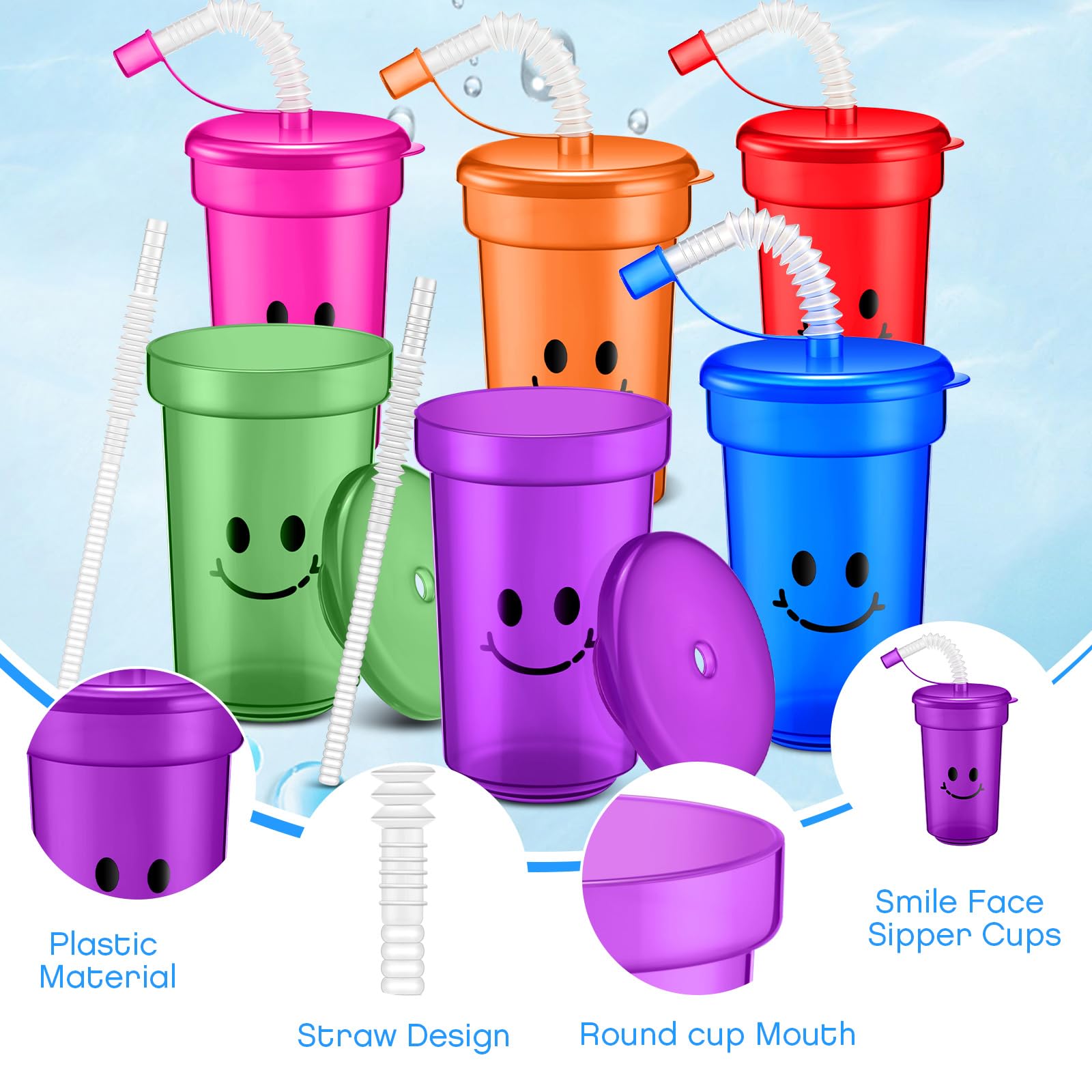 Mumufy Bicchieri da 350 ml per bambini, con coperchio e cannucce, bicchieri in plastica colorata, riutilizzabili, accessori di compleanno per bambini, regalo di fine anno per studenti (48 pezzi)