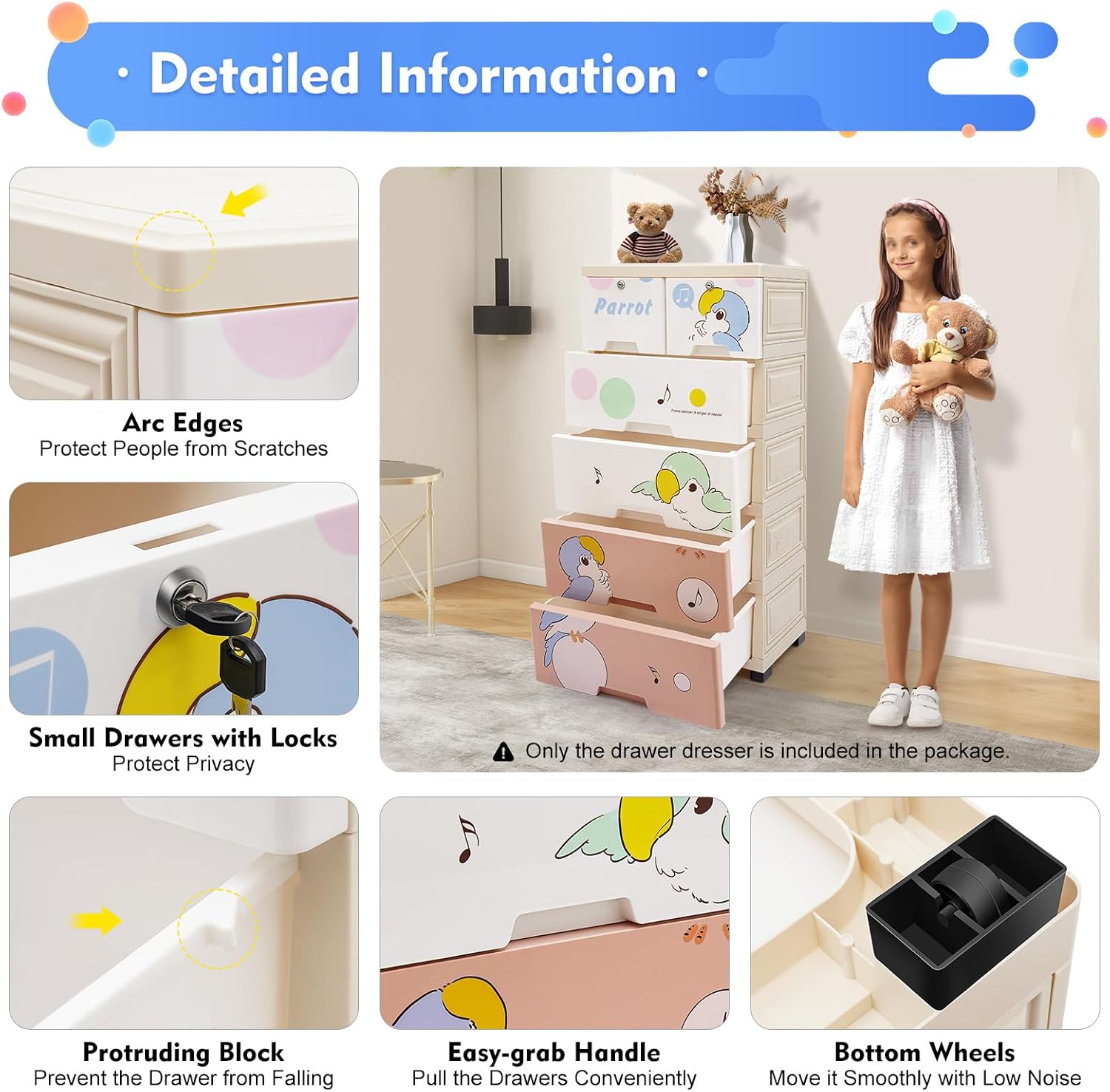 Plastic Drawers Dresser, Storage Cabinet with 6 Drawers, Closet Drawers Tall Dresser Organizer for Clothes,Playroom,Bedroom Furniture, 5 Wheels, 2 Locks, 66lbs Load Capacity (White/Pink - Parrot)