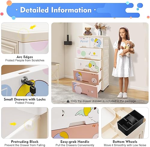 Miniatura 8 de awolsrgiop Estantería organizadora de 5 capas con 6 cajones, organizador de ropa con ruedas, armario de almacenamiento de loros, cajones de armario,