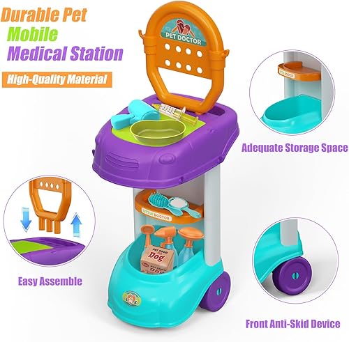 Miniatura 5 de UNIH Kit de carrito de médico para niños de 3, 4, 5, kit veterinario para niños, juego médico de simulación para niños pequeños y niñas, 18 juguetes