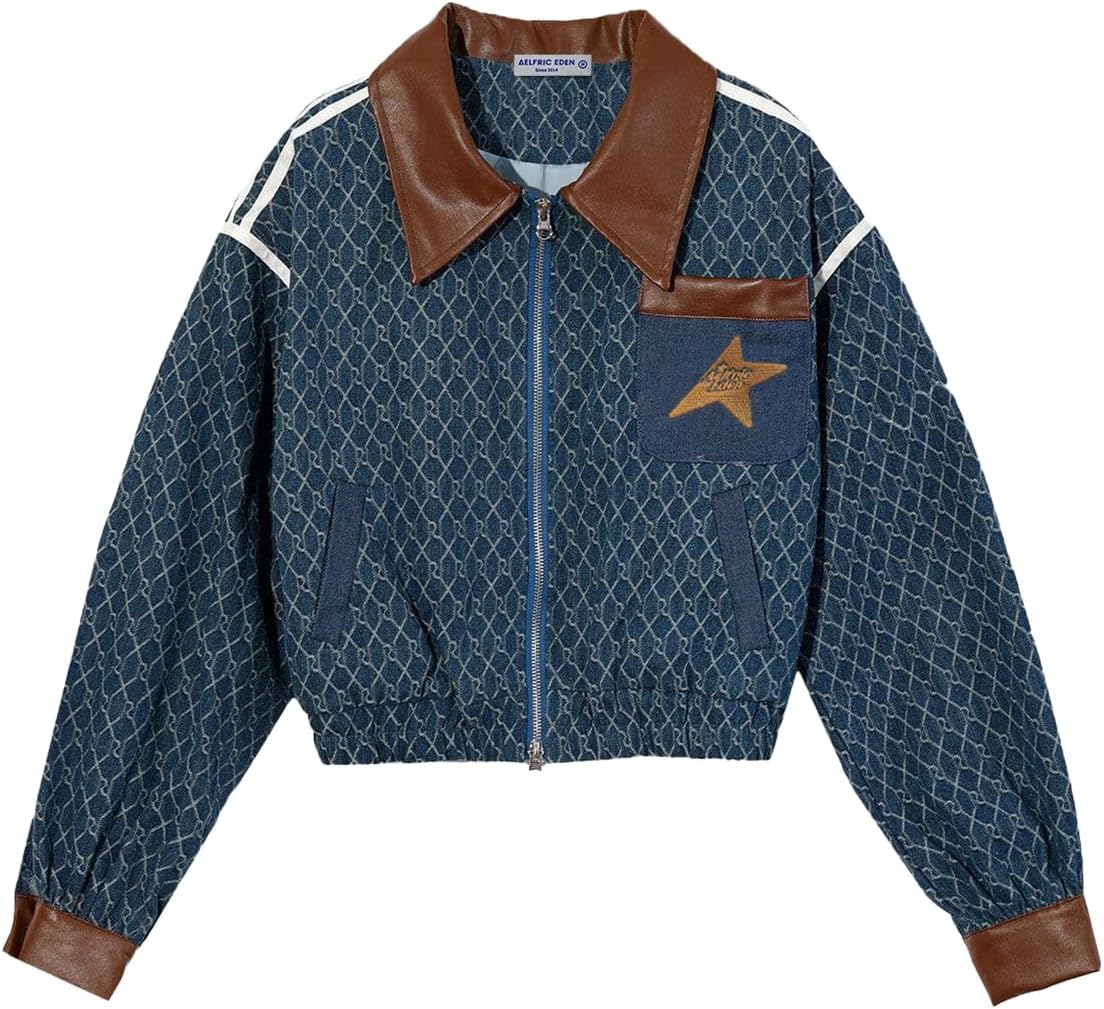 Aelfric Eden Womens Vintage Denim Jacquard Cropped Jacket Fashion Long Sleeve Jean Coat Denim Jacquard Jacket Large 01-blue