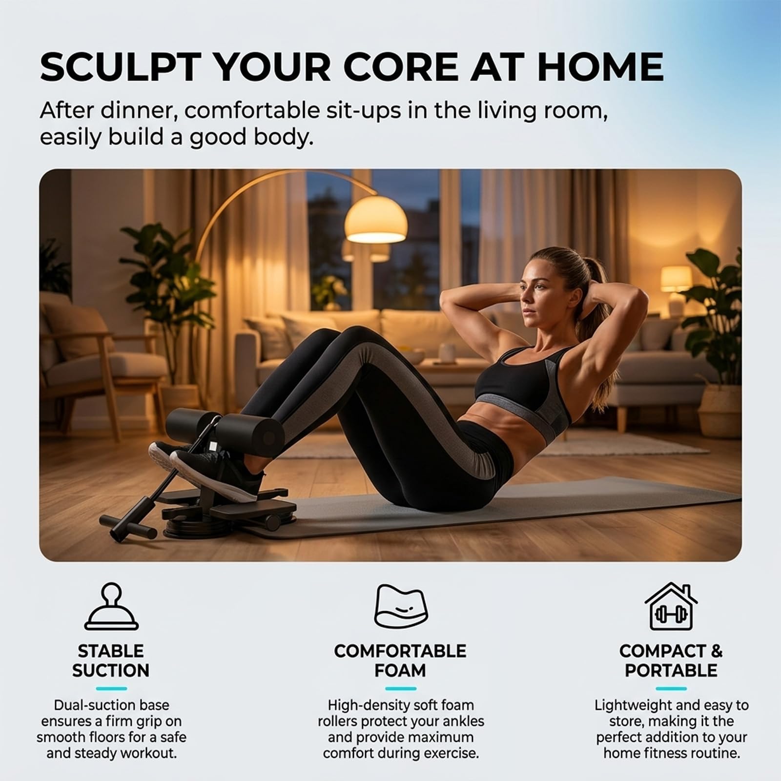 Sit Up Bar, Sit Up Bar, Attrezzo per l'allenamento con ventose e corda di trazione, Allenatore addominale regolabile con doppie ventose, Sit-Up Bar, strumento per la salute addominale per la casa