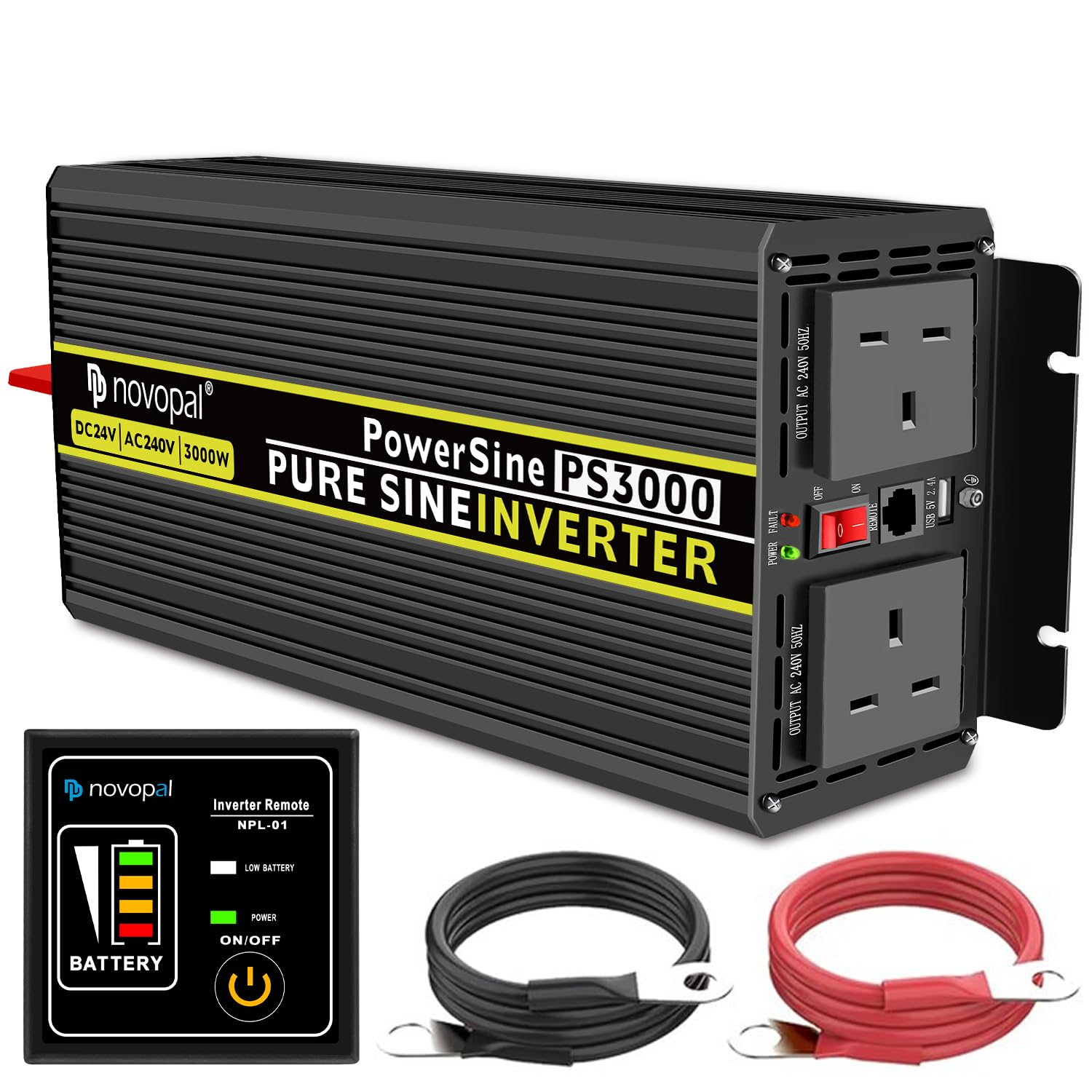 Novopal 3000W 6000W Pure Sine Wave Inverter 24V DC to 240V AC Power Converter with 2 UK Sockets,1 USB,16.4FT Remote Control, 2 Cooling Fans,for RV,Boat,Truck,Camping,Home