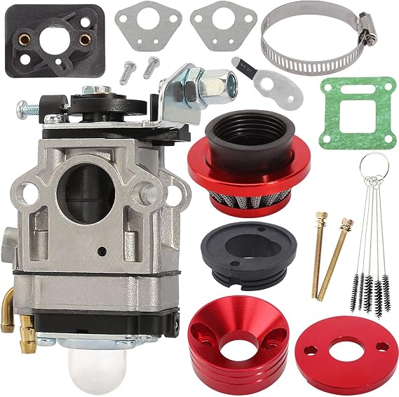 15mm Carburetor Gasket Red Filter Intake Manifold Pipe Adapter Stack Kit for 33cc-43cc 47cc 49cc 50cc 52cc 2-stroke Engines ATV Quad Pit Dirt Pocket Rocket Bike Mini Chopper Moped Go Kart