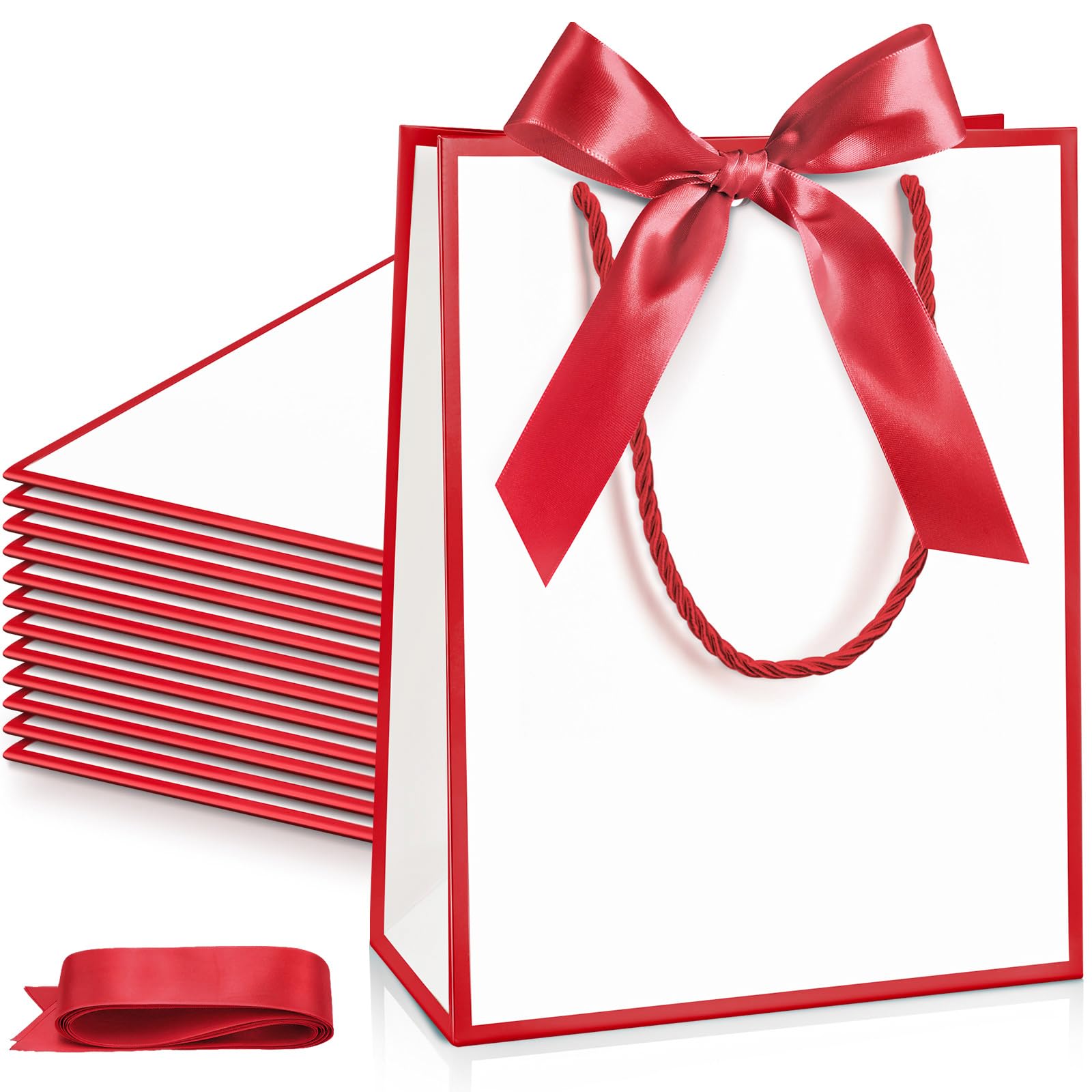 Silkfly 12 Pcs Wedding Paper Gift Bags with Handle 9x7x3.15'' Thank You Gifts Bags with Ribbon Bow Bridal Shower Gifts for Baby Shower Graduation Holiday Birthday Party Supplies (White and Red) — image 1