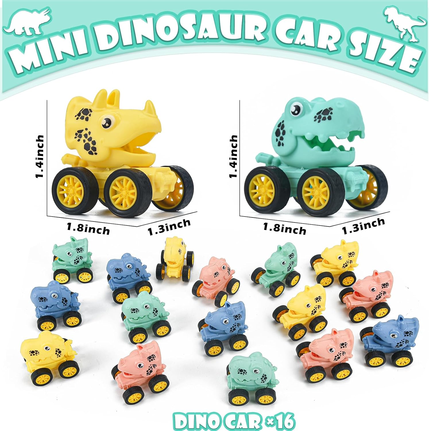 16Pcs Dinosaur Pull Back Cars Set for Kids Toddler, Bulk Mini Dinosaur Party Favors, Pinata Fillers, Goodie Bag Stuffers, Classroom Prizes,Dinosaur Toys for Kids 3-5 (Dinosaur Cars)