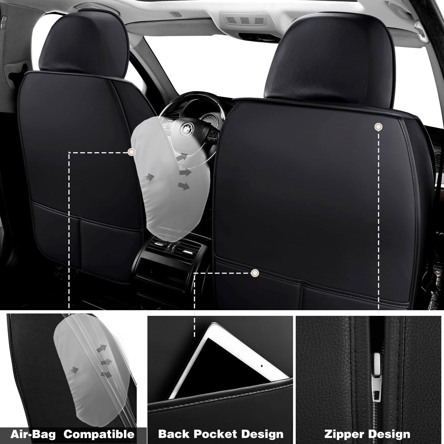 Foneso Universal Car Seat Covers 5 Seats, Nappa Leather Automotive Seat Covers Non-Slip Vehicle Accessories, Waterproof Seat Protector Fit for Sedan, Airbag Compatible,Back Support (Black, Full Set)