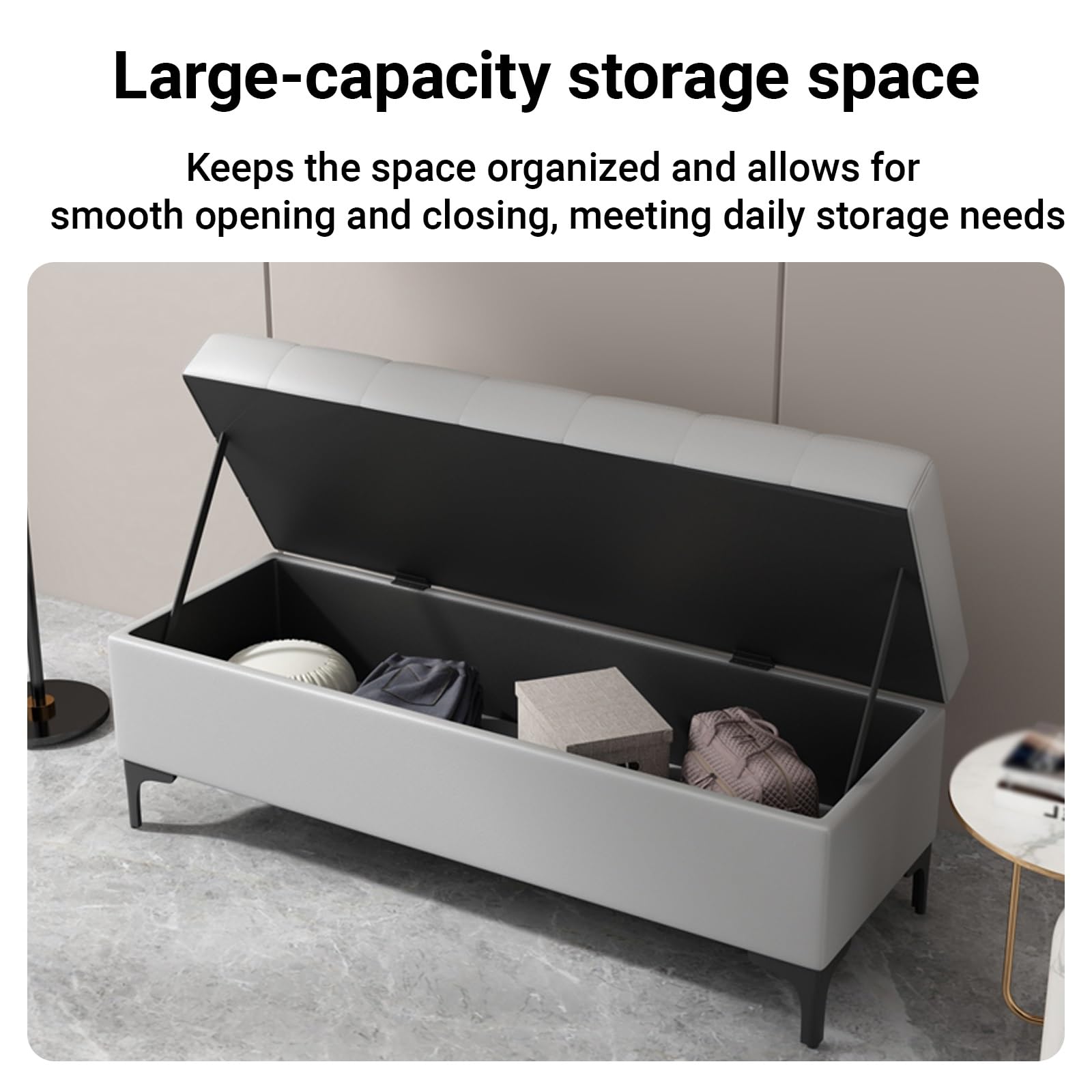 Pouf rettangolare in pelle con contenitore e serrature, poggiapiedi con contenitore, panca portaoggetti per giocattoli, per soggiorno,estremità del letto, ingresso(Beige,100cm/39.4in)