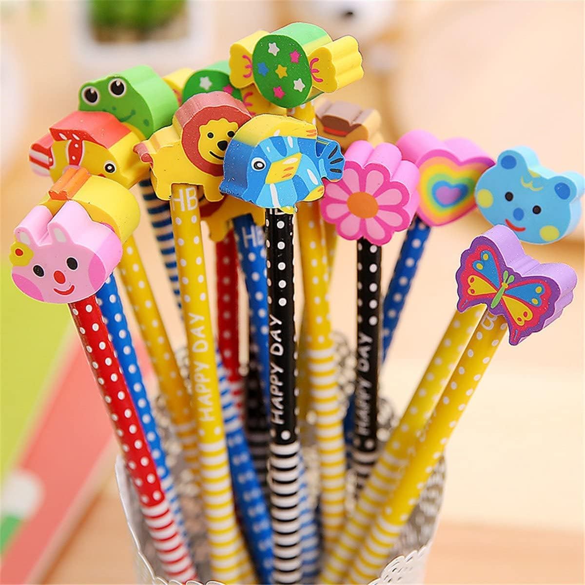 MAKINGTEC Pack of 20 Colorful 7.28 Inch Length Random Cartoon Eraser Pencils, Cute Pencils for Office, School Supplies Students Children Gift