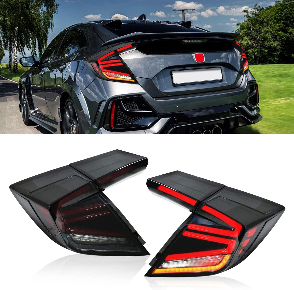 LED Tail Lights For Honda Civic Hatchback Type R 2016-2020 Rear Tail Lamps Assembly with Sequential Turn Signal DRL Reverse Smoked Lens Brake Light