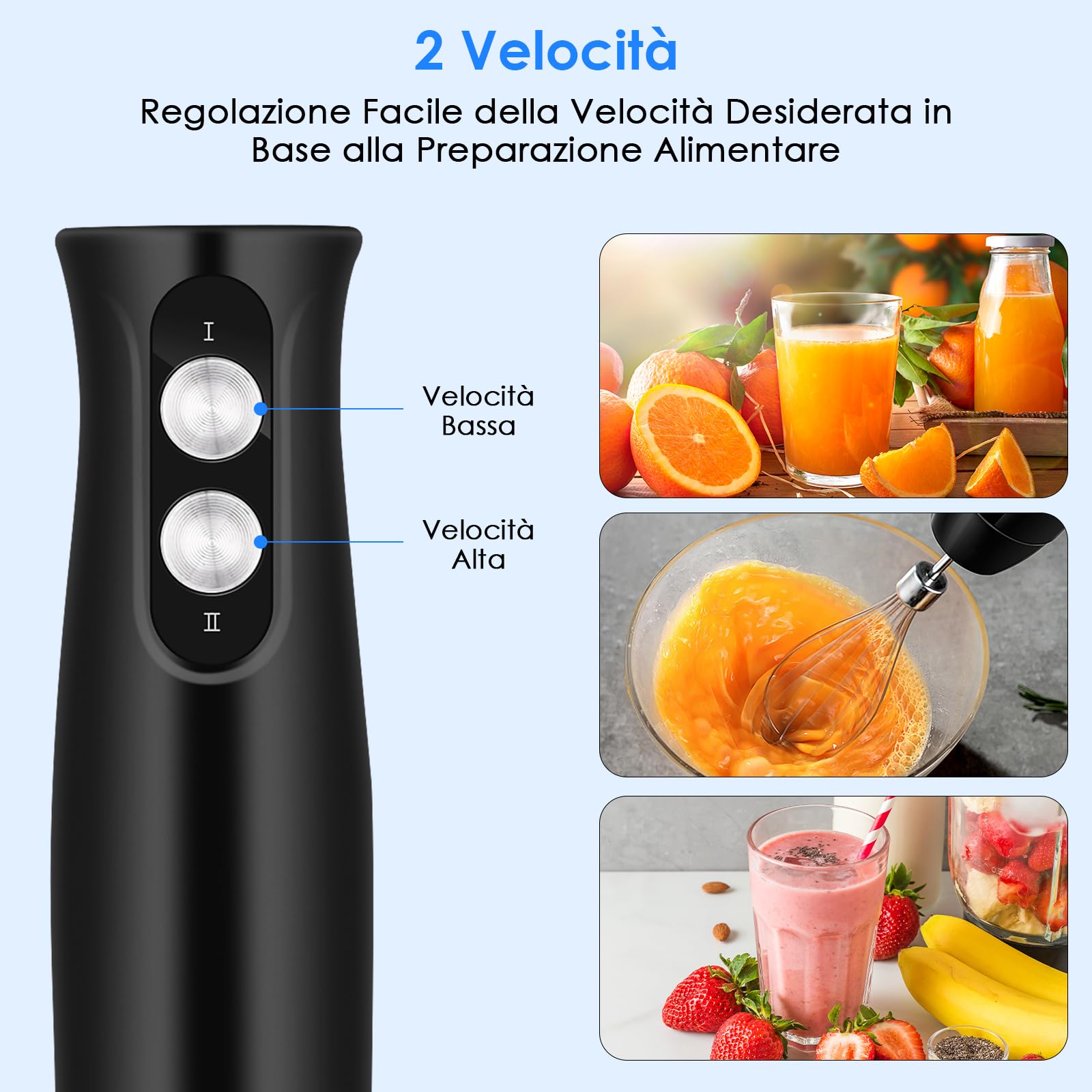 Mixer Immersione 4-In-1, 500 W Frullatore Tritatutto Multifunzione, 2 Velocità, con Frusta e Tritatutto da 500 ml e Misurino da 700 ml per Frullati, Zuppe, Salse, Yogurt, Alimenti Bambini