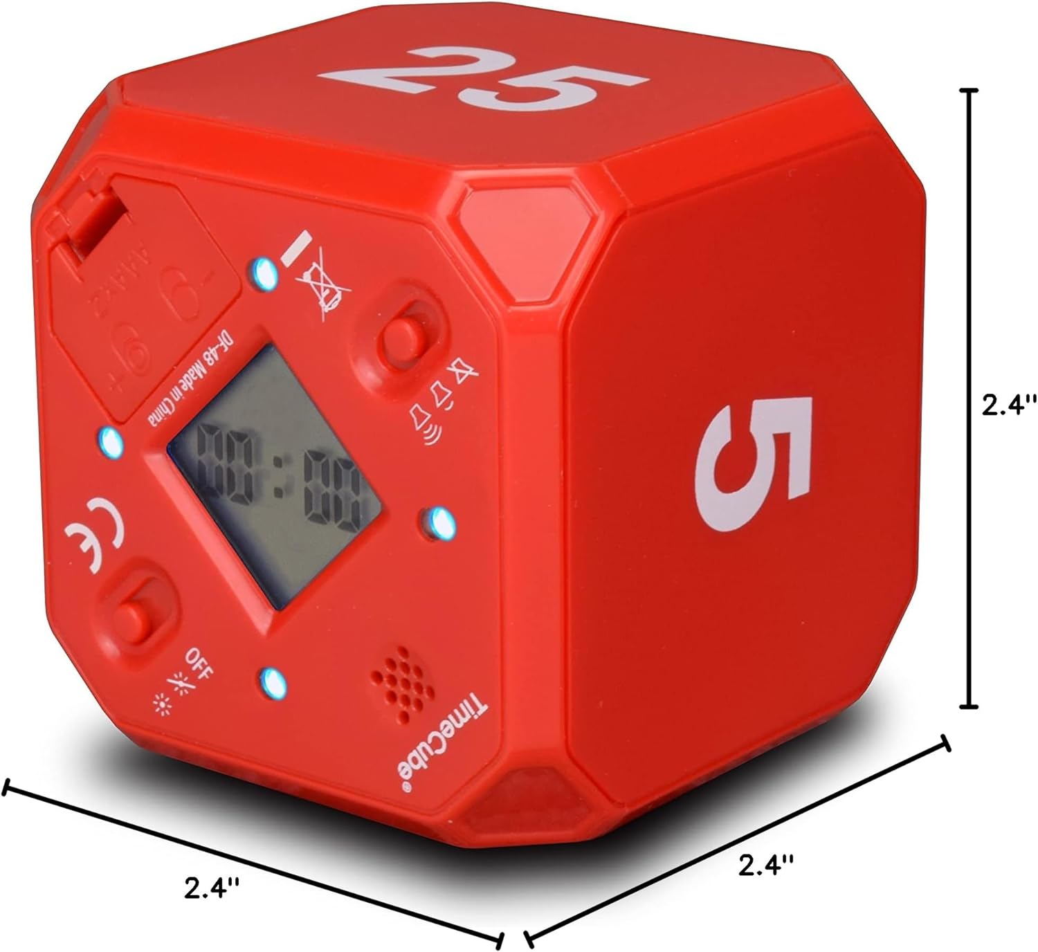 Dimensional view of the red TimeCube Plus showing its 2.4 inch by 2.4 inch by 2.4 inch size.