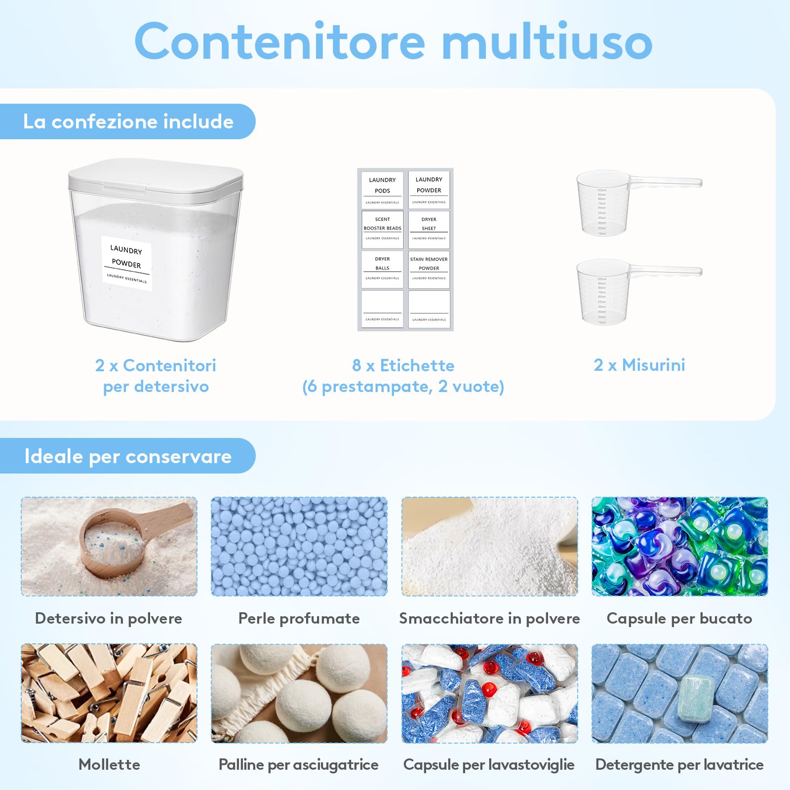 Lifewit Contenitore Detersivo Capsule di Detersivo per Bucato, Dispenser Detersivo Lavatrice in Plastica, Dispenser Sapone e Lozioni Commerciali con Etichette e Cucchiai, 2700 ml, 2 Pezzo