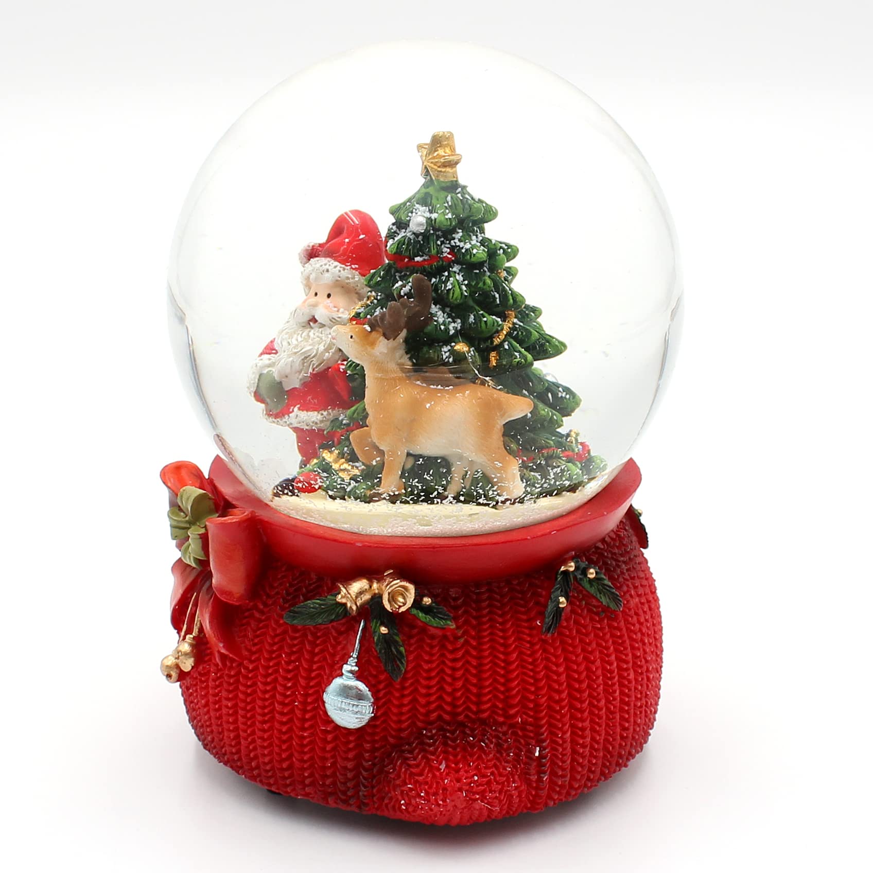 Große Schneekugel, Weihnachtsmann mit REH und Tannenbaum, mit Sound, auf aufwendig dekoriertem Sockel, Maße L/B/H: 10 x 10 x 14 cm Kugel Ø 10 cm