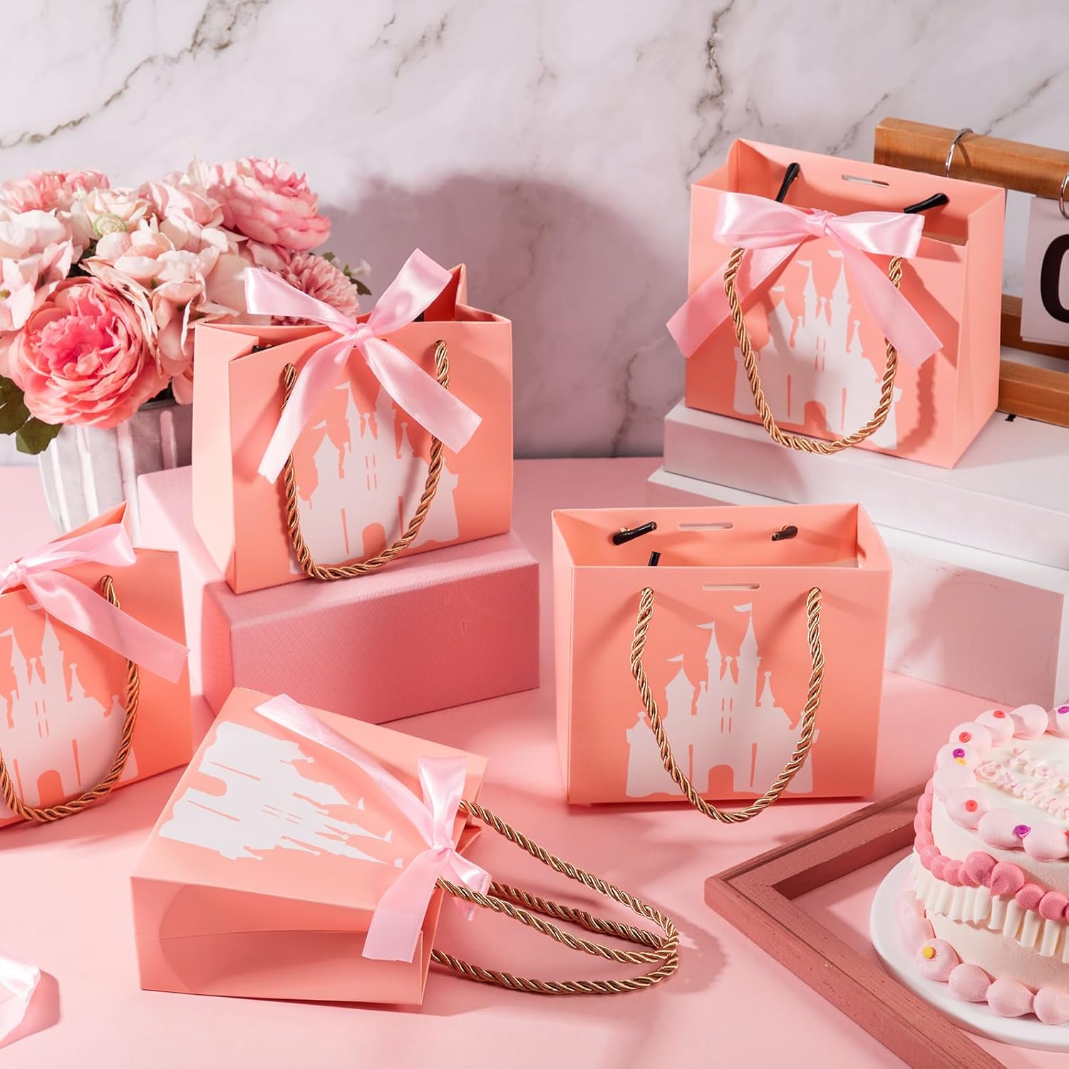 25 Sets Small Princess Castle Party Favor Bags with Handles Ribbons 5.51 x 2.36 x 4.72 Inch Light Pink Princess Goodie Candy Gift Bags for Birthday Gender Reveal Baby Shower Party Supplies - Image 3