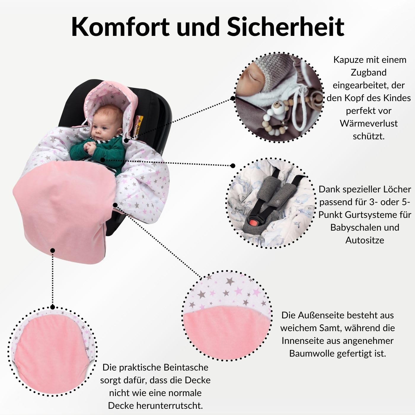 Premium Einschlagdecke Babyschale, Baby Erstausstattung aus Baumwolle für Autositz, Kuscheldecke für Kinderwagen mit Fußsack passend für Maxi-Cosi, Römer, Cybex – Rosa