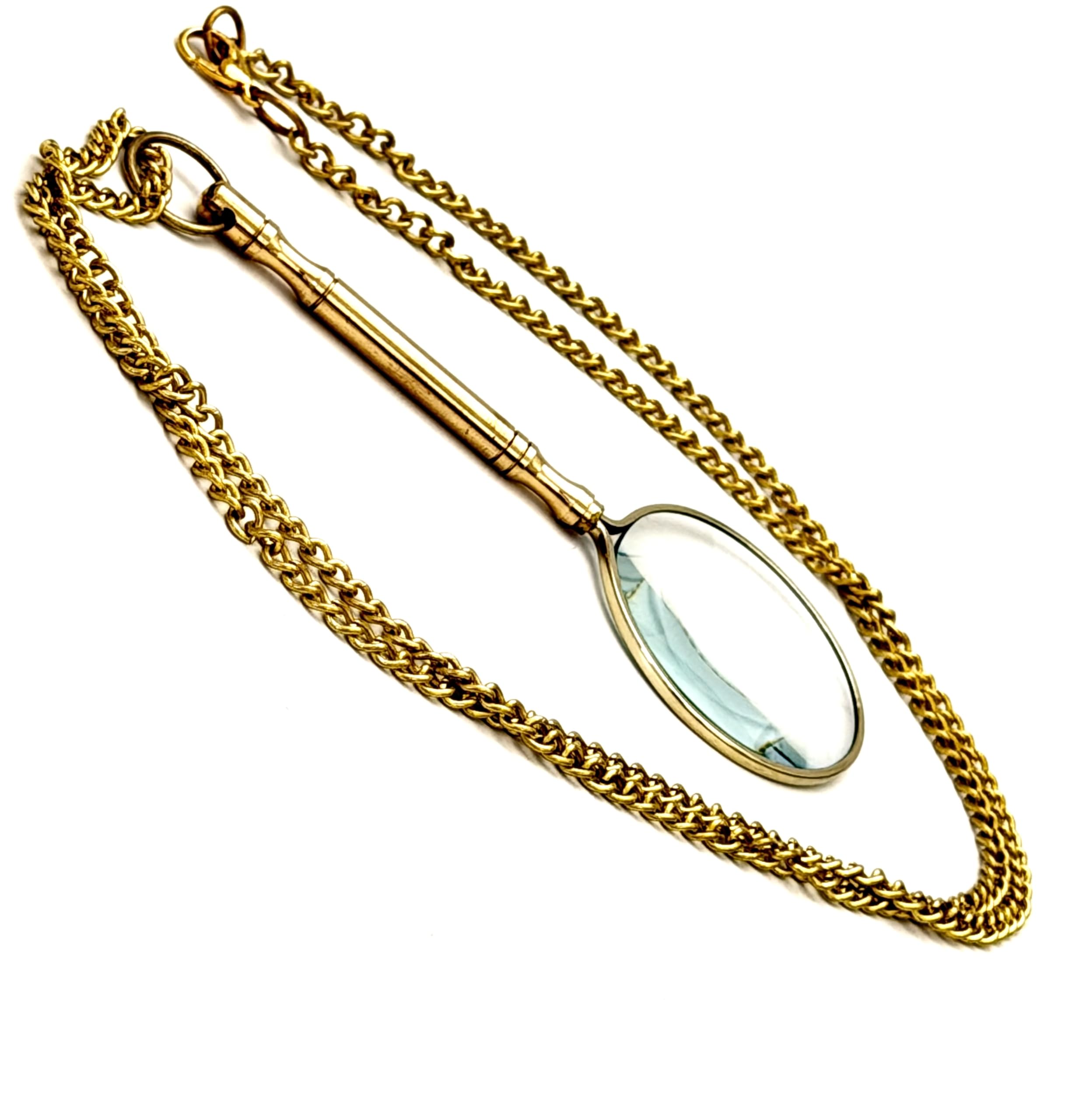 Geekgifts Pocket Monocle - Brass Magnifying Glass - 10x Magnification - Reading & Art Craft Magnifier - Chain Necklace - Steampunk Retro Gift