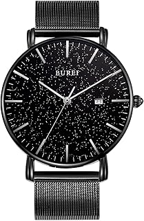 BUREI Uomo Donna Orologio da polso al quarzo classico minimalista Quadrante nero analogico Data e cinturino in acciaio inossidabile