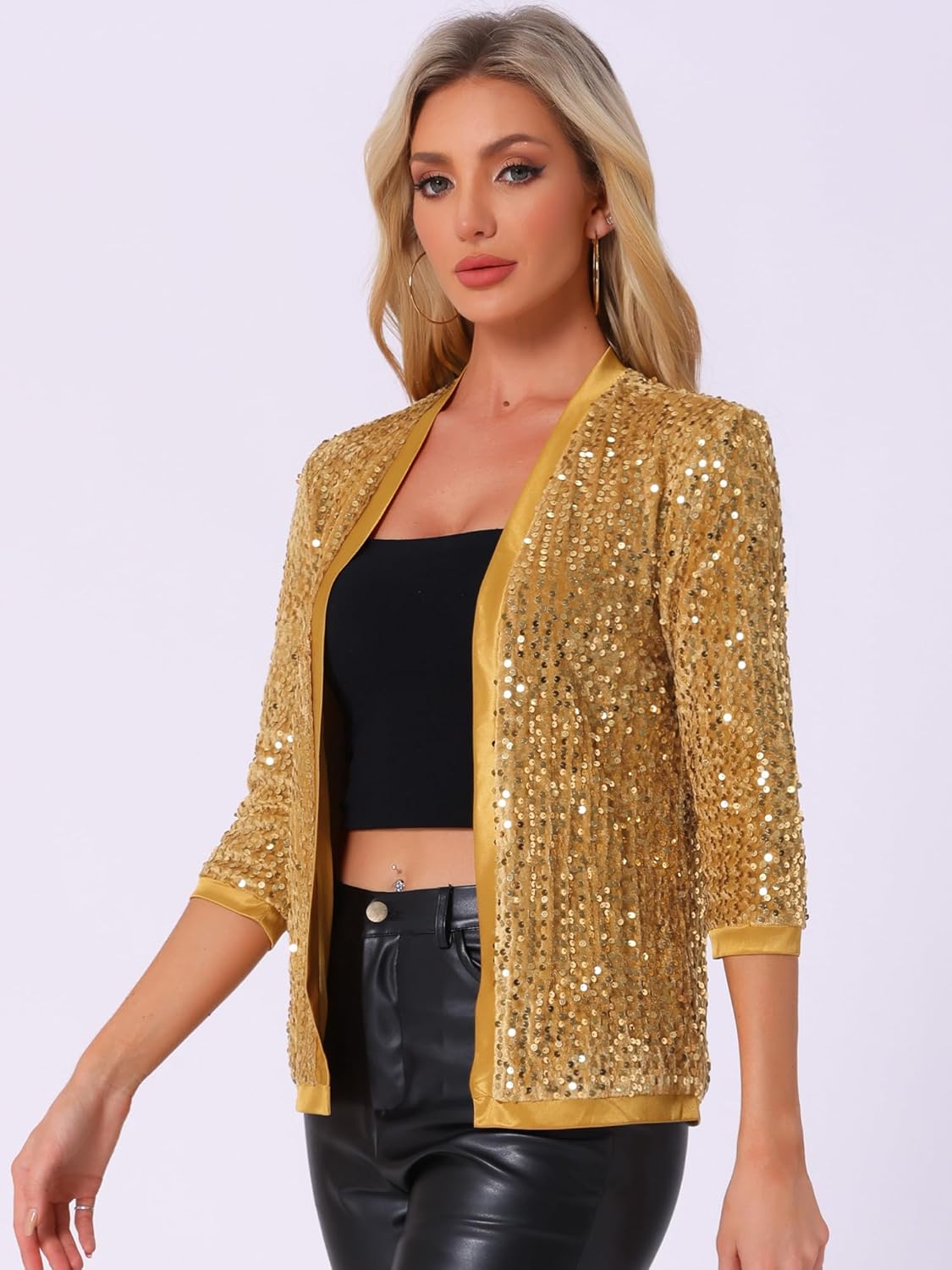 Allegra K Women's Sequin Cardigan 3/4 Sleeve Open Front Velvet Sparkle Jacket Party Glitter Blazer - Image 3