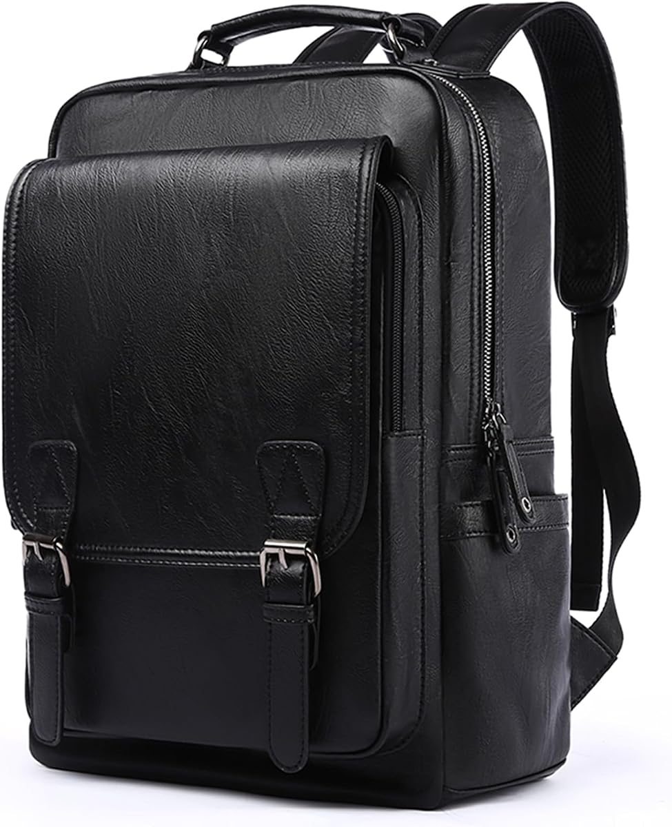 MOYYI Leather Backpack fits 15.6 Inch Laptop Vintage Backpack Waterproof Flap Bookbag for Men Leather Travel Backpack for Men Casual Knapsack Black