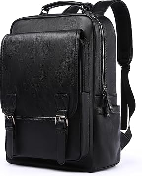 MOYYI Leather Backpack fits 15.6 Inch Laptop Vintage Backpack Waterproof Flap Bookbag for Men Leather Travel Backpack for Men Casual Knapsack Black