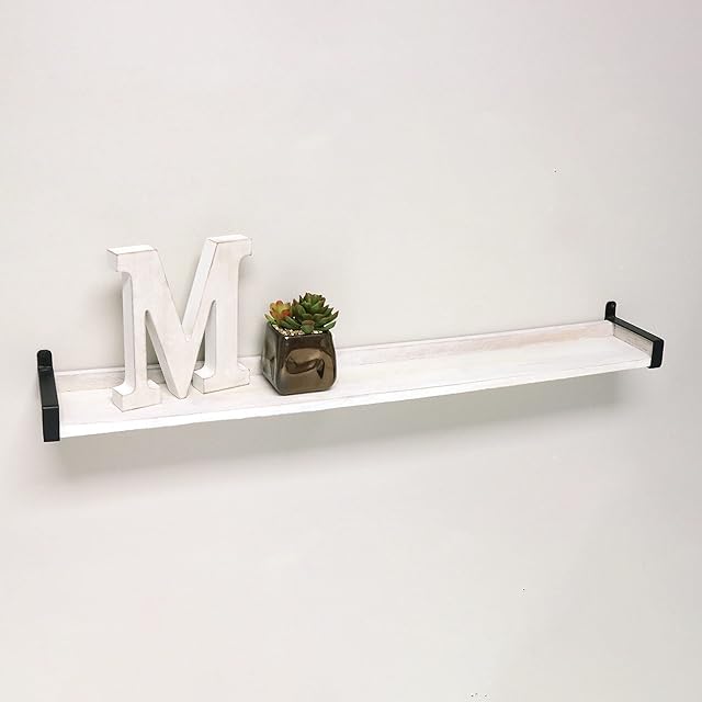 InPlace Shelving, 9602116E, Wall Mounted Real Wood Industrial Bracket Ledge, 36 Inch x 5 Inch x 2.75 Inch, Distressed White