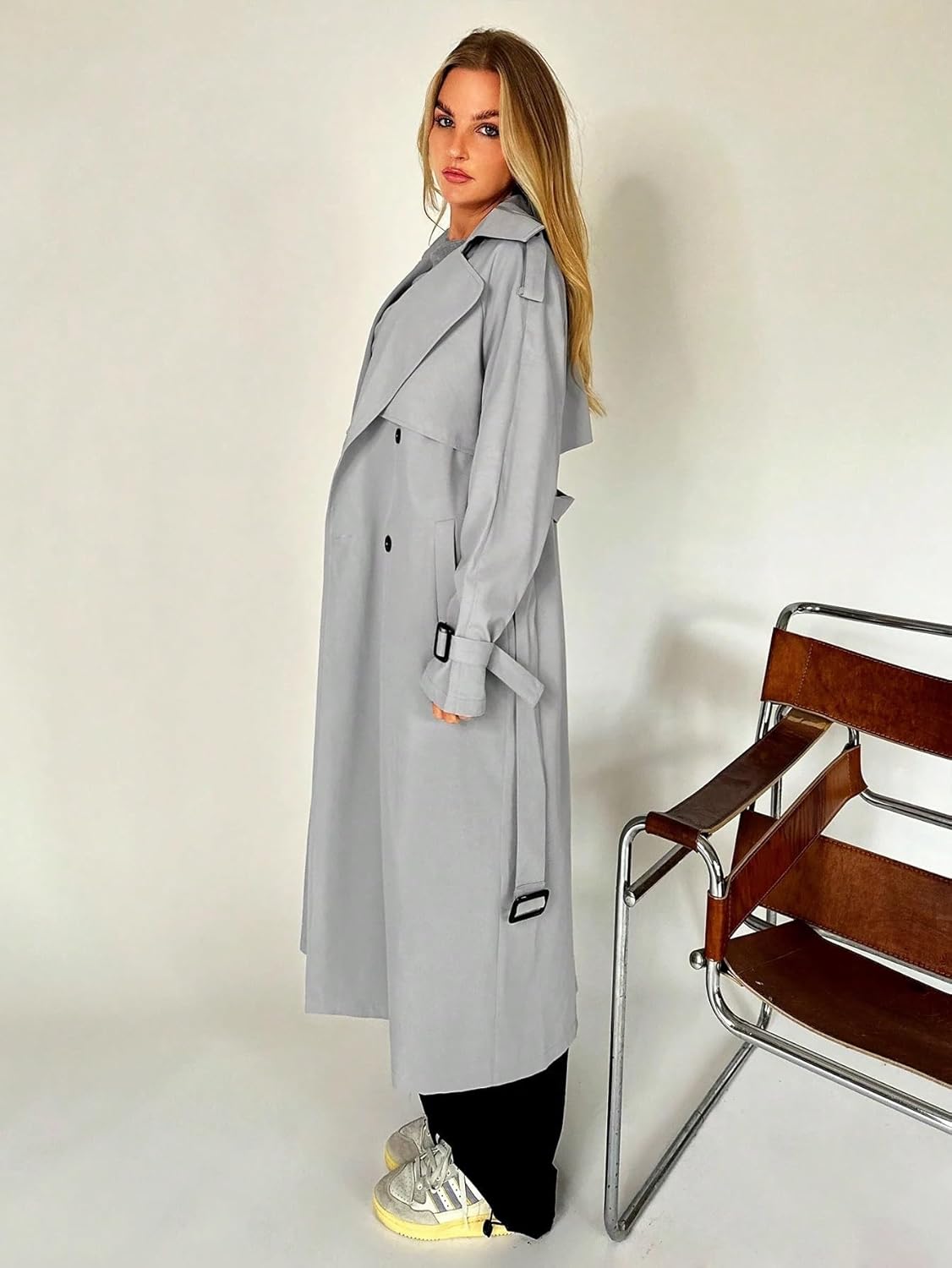 Women's Trench Coat Casual Lapel Neck Raglan Sleeve Belted Trench Coat Classic Overcoat
