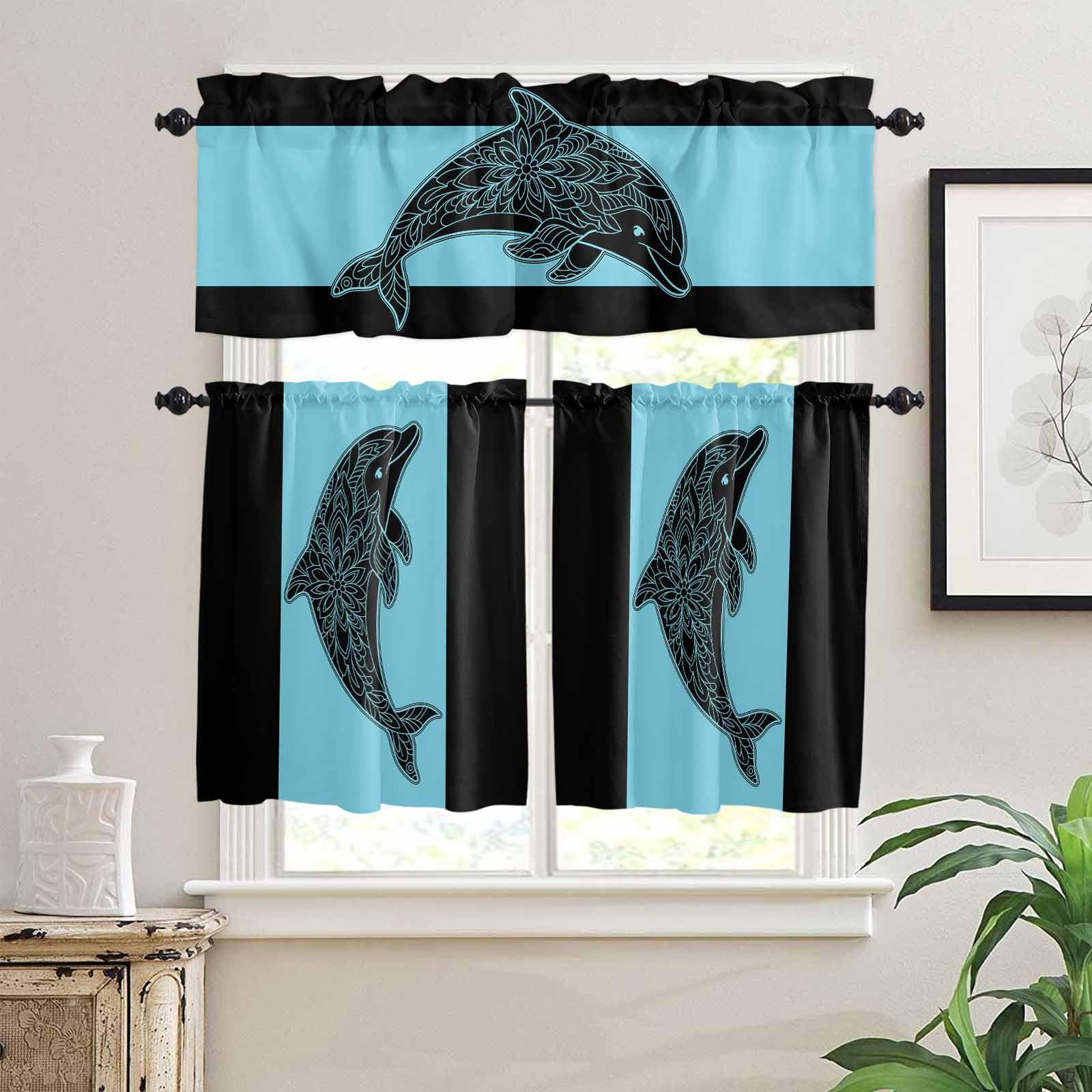 Dolphin Black Kitchen Curtains 24 Inch Length, 3 Piece Rod Pocket Small Half Tiers and Valance Set, Nautical Mandalas Blue Boho Abstract Small Large Window Treatment Decor for Bedroom/Bathroom Sink