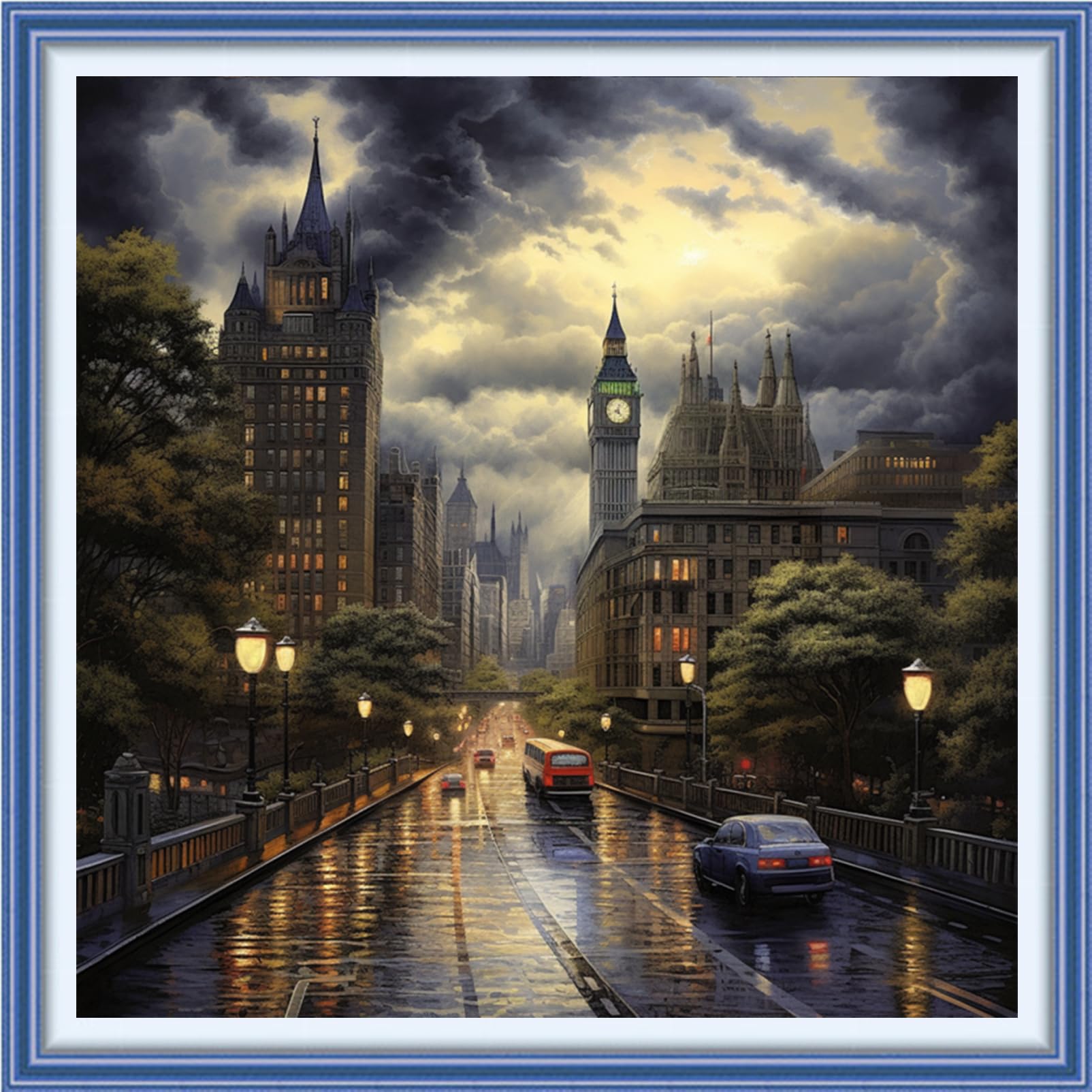 Findvoor Stamped Cross Stitch Kits for Beginners Full Range of Cross Stitching Embroidery Pattern for Adults, 11CT DIY Needlepoint Embroidery Starter Kits-Street view after rain 17.7x17.7 inch